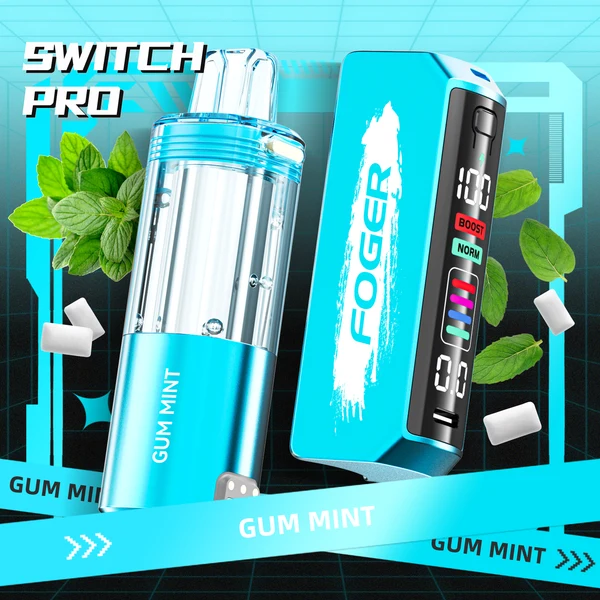 gum-mint-foger-switch-pro-30k-puffs-disposable-vape Gum mint pro kit by Foger with the prefilled pod clicked into the 850mAh magnetic power bank dock