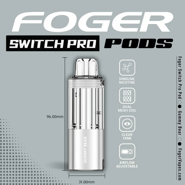gummy-bear-foger-switch-pro-30k-puffs-disposable-pod-1 Gummy bear Switch Pro pod by Foger with a transparent 19mL tank seated in the magnetic charging dock