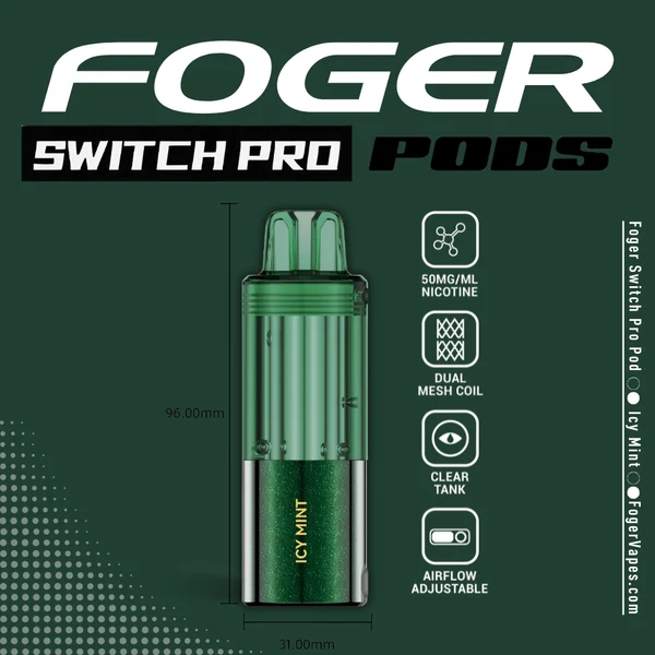 icy-mint-foger-switch-pro-30k-puffs-disposable-pod-1 Icy mint Switch Pro pod by Foger with a clear 19mL tank next to the 850mAh magnetic power bank