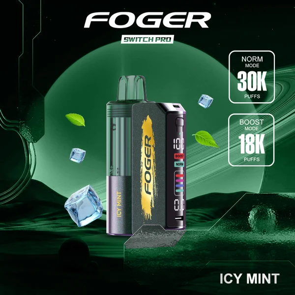 icy-mint-foger-switch-pro-kit-30k-puffs Icy Mint pro kit with prefilled pod clicked into the reusable Switch Pro power bank dock