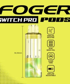 Lemon heads Switch Pro pod by Foger with a clear 19mL tank clicked into the magnetic charging dock