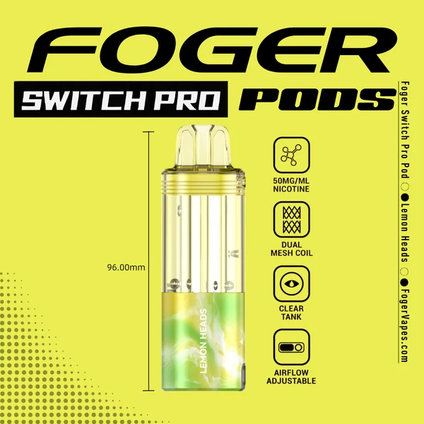 lemon-heads-foger-switch-pro-30k-puffs-disposable-pod-cover Lemon heads Switch Pro pod by Foger with a clear 19mL tank clicked into the magnetic charging dock