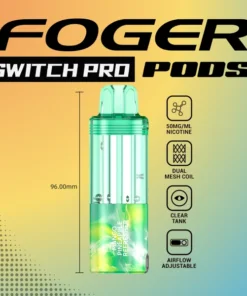 Mango pineapple refresher pod by Foger with a transparent 19mL tank seated on the Switch Pro power bank