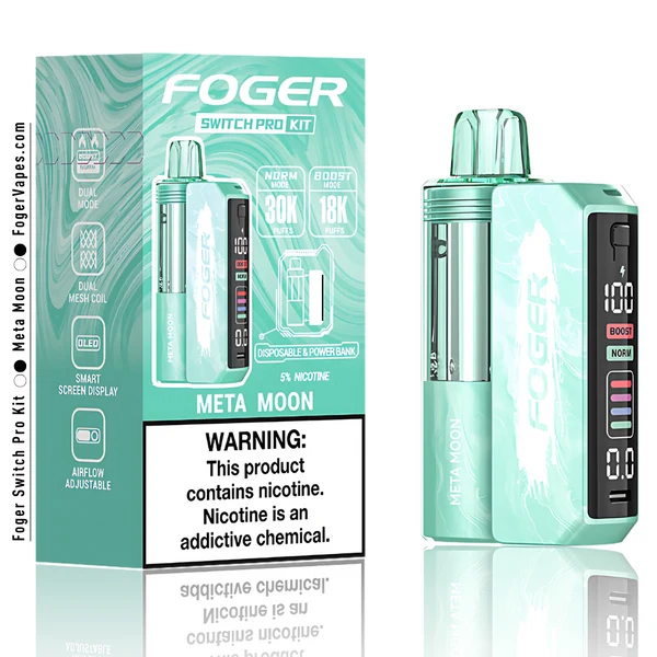 meta-moon-foger-switch-pro-30k-puffs-disposable-kit-box Meta Moon pro kit by Foger with the prefilled 19mL pod clicked into the 850mAh magnetic power bank dock