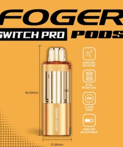 Mexico mango Switch Pro pod by Foger with a clear 19mL tank seated in the magnetic charging dock