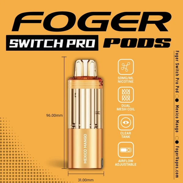mexico-mango-foger-switch-pro-30k-puffs-disposable-pod-1 Mexico mango Switch Pro pod by Foger with a clear 19mL tank seated in the magnetic charging dock