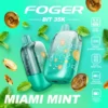 Miami mint bit 35k disposable by Foger, Bitcoin chip-board artwork under the clear case and the curved OLED screen showing battery and mode