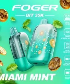 Miami mint bit 35k disposable by Foger, Bitcoin chip-board artwork under the clear case and the curved OLED screen showing battery and mode