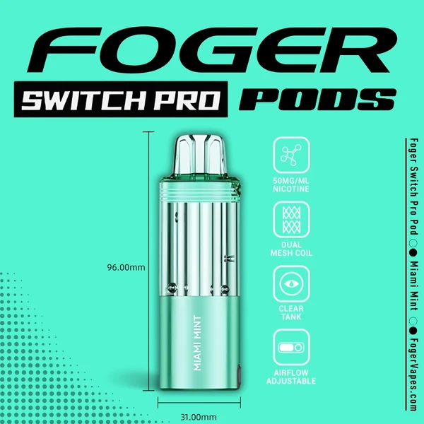 miami-mint-foger-switch-pro-30k-puffs-disposable-pod-1 Miami mint Switch Pro pod clicked into the magnetic charging dock, clear 19mL tank showing the e-liquid level