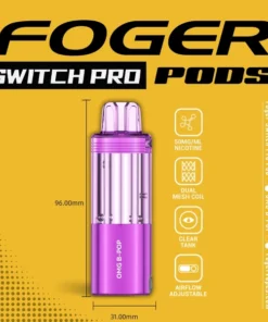 Omg B Pop Foger pod with its clear 19mL tank beside the magnetic charging dock for the Switch Pro