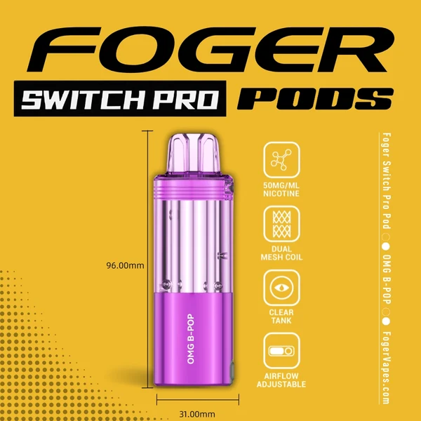 omg-b-pop-foger-switch-pro-30k-puffs-disposable-pod-1 Omg B Pop Foger pod with its clear 19mL tank beside the magnetic charging dock for the Switch Pro