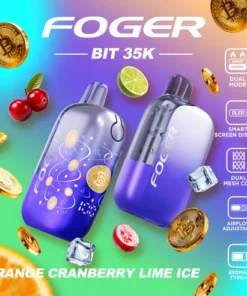 Foger orange cranberry lime bit 35K disposable with its transparent shell, curved OLED screen and Bitcoin chip-board artwork visible
