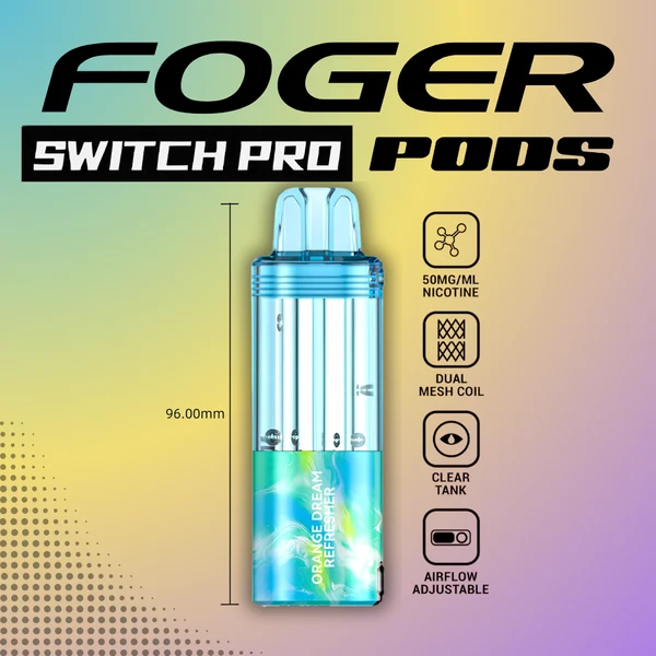 orange-dream-refresher-foger-switch-pro-30k-puffs-disposable-pod-cover Orange dream refresher pod by Foger with a clear 19mL tank seated on the Switch Pro magnetic dock