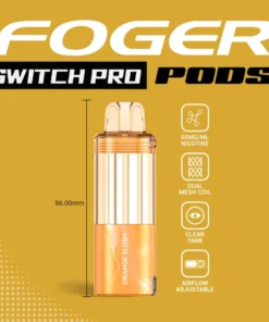 Orange slush Switch Pro pod by Foger showing the transparent 19mL tank beside the reusable magnetic power bank