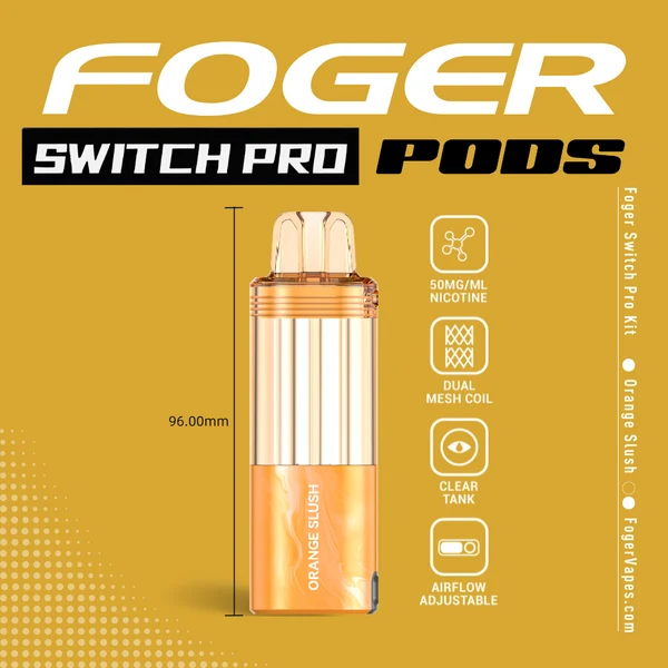orange-slush-foger-switch-pro-30k-puffs-disposable-pod-1 Orange slush Switch Pro pod by Foger showing the transparent 19mL tank beside the reusable magnetic power bank