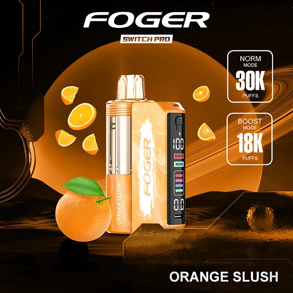 orange-slush-switch-pro-30k-puffs-disposable-kit-cover Orange slush pro kit by Foger with the prefilled pod clicked into the reusable 850mAh power bank dock
