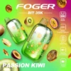 Passion Kiwi Bit 35K disposable vape with transparent tank, curved OLED screen and Bitcoin chip-board artwork