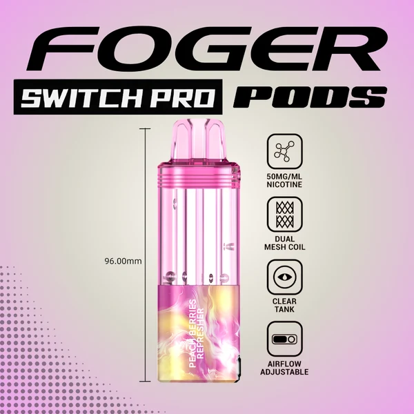peach-berries-refresher-foger-switch-pro-30k-puffs-disposable-pod-cover Peach berries refresher pod by Foger with a clear 19mL tank clicked into the magnetic charging dock