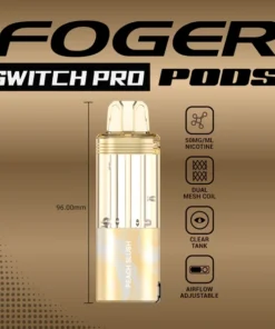 Peach slush Switch Pro pod by Foger with a clear 19mL tank seated on the magnetic charging dock