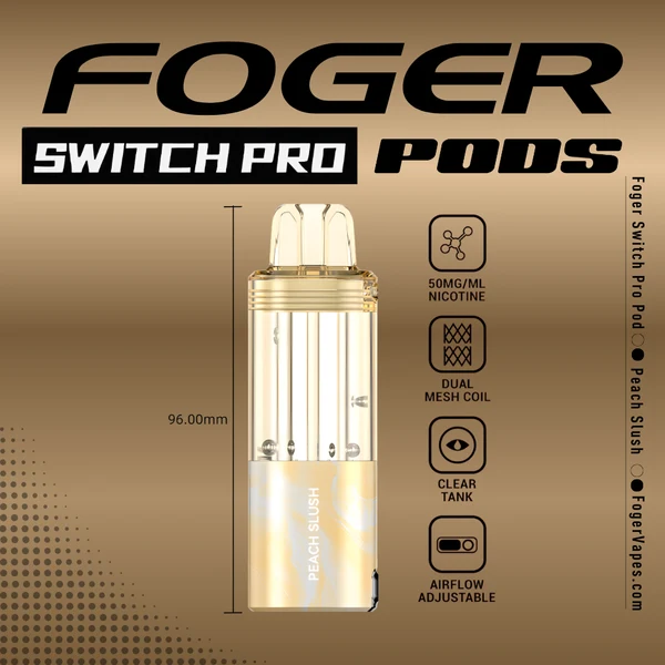 peach-slush-foger-switch-pro-30k-puffs-disposable-pod-1 Peach slush Switch Pro pod by Foger with a clear 19mL tank seated on the magnetic charging dock