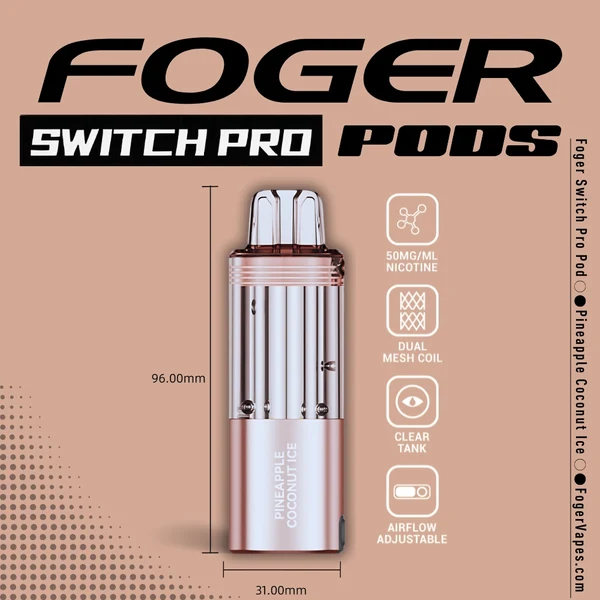 pineapple-coconut-ice-foger-switch-pro-30k-puffs-disposable-pod-1 Pineapple coconut pod for the Foger Switch Pro with a clear 19mL tank next to the magnetic dock
