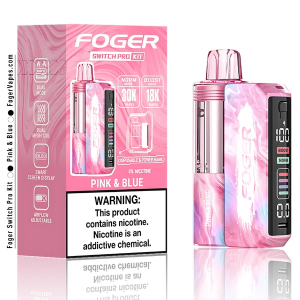 pink-and-blue-foger-switch-pro-30k-puffs-disposable-kit-box Pink and blue kit with a prefilled Pink & Blue pod clicked onto the reusable 850mAh Switch Pro power bank dock