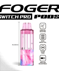 Pink and blue Switch Pro pod by Foger with a clear 19mL tank beside the magnetic charging dock