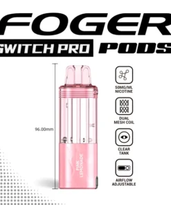 Pink lemonade Switch Pro pod by Foger with a clear 19mL tank clicked into the magnetic charging dock