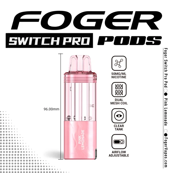 pink-lemonade-foger-switch-pro-30k-puffs-disposable-pod-1 Pink lemonade Switch Pro pod by Foger with a clear 19mL tank clicked into the magnetic charging dock