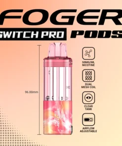 Red mix refresher pod from Foger in the reusable Switch Pro dock, clear 19mL tank showing the juice level
