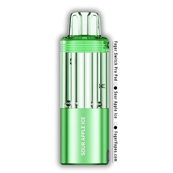 sour-apple-ice-foger-switch-pro-30k-puffs-disposable-pod Sour apple ice pod for the Foger Switch Pro with its clear 19mL tank next to the magnetic power bank dock