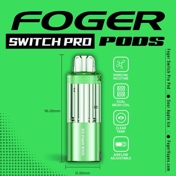 sour-apple-ice-foger-switch-pro-pod-1 Sour apple ice pod for the Foger Switch Pro with its clear 19mL tank next to the magnetic power bank dock