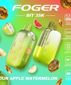 Foger Bit 35K sour apple watermelon 35k disposable with clear tank, curved OLED screen and Bitcoin artwork