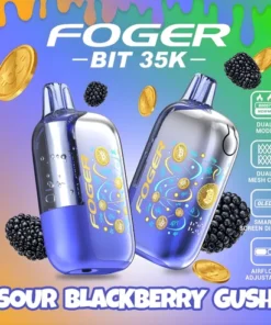 Foger Bit 35K disposable in sour blackberry gush 35k with curved OLED screen, clear tank and Bitcoin chip-board artwork