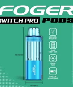 Sour blue dust pod by Foger clicked into the Switch Pro magnetic power bank, clear 19mL tank visible