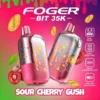 Sour cherry gush 35k disposable by Foger with Bitcoin chip-board artwork showing through the clear shell