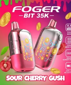 Sour cherry gush 35k disposable by Foger with Bitcoin chip-board artwork showing through the clear shell