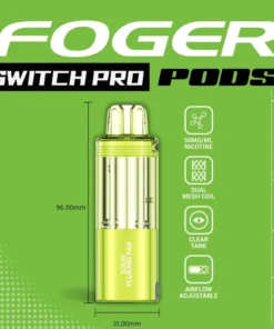 Sour Fcuking Fab pod for the Foger Switch Pro with its clear 19mL tank beside the magnetic dock