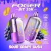 Sour Grape Gush 35K disposable by Foger with clear tank, curved OLED screen and Bitcoin artwork