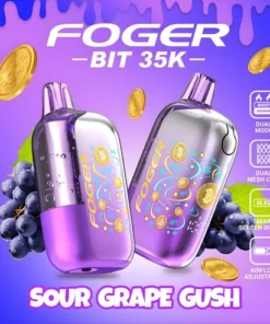 Sour Grape Gush 35K disposable by Foger with clear tank, curved OLED screen and Bitcoin artwork