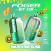 Sour Kiwi Gush 35K disposable by Foger with clear tank and Bitcoin chip-board artwork