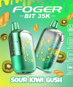 Sour Kiwi Gush 35K disposable by Foger with clear tank and Bitcoin chip-board artwork