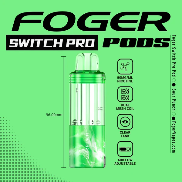 sour-punch-foger-switch-pro-30k-puffs-disposable-pod-cover Sour punch Switch Pro pod by Foger showing the clear 19mL tank seated in the magnetic charging dock