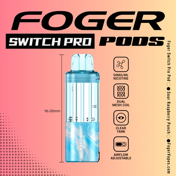 sour-raspberry-punch-foger-switch-pro-30k-puffs-disposable-pod-1 Sour raspberry punch pod by Foger with a clear 19mL tank magnetically docked in the Switch Pro power bank
