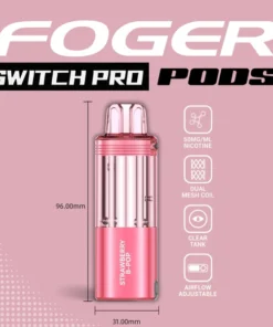 Strawberry b pop foger pod with its clear 19mL tank beside the magnetic Switch Pro power bank