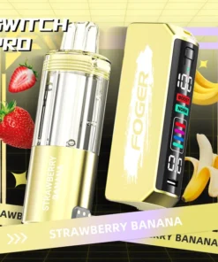 Strawberry banana kit by Foger with the prefilled pod clicked into the reusable 850mAh power bank dock, clear tank visible