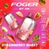 Strawberry burst bit 35k disposable in its clear shell, transparent tank and Bitcoin chip artwork visible