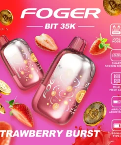 Strawberry burst bit 35k disposable in its clear shell, transparent tank and Bitcoin chip artwork visible