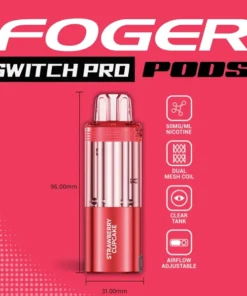 Strawberry cupcake Switch Pro pod by Foger with a clear 19mL tank clicked into the magnetic charging dock