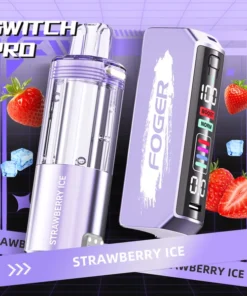 Strawberry ice kit with the prefilled Strawberry Ice pod clicked onto the reusable Foger Switch Pro power bank dock